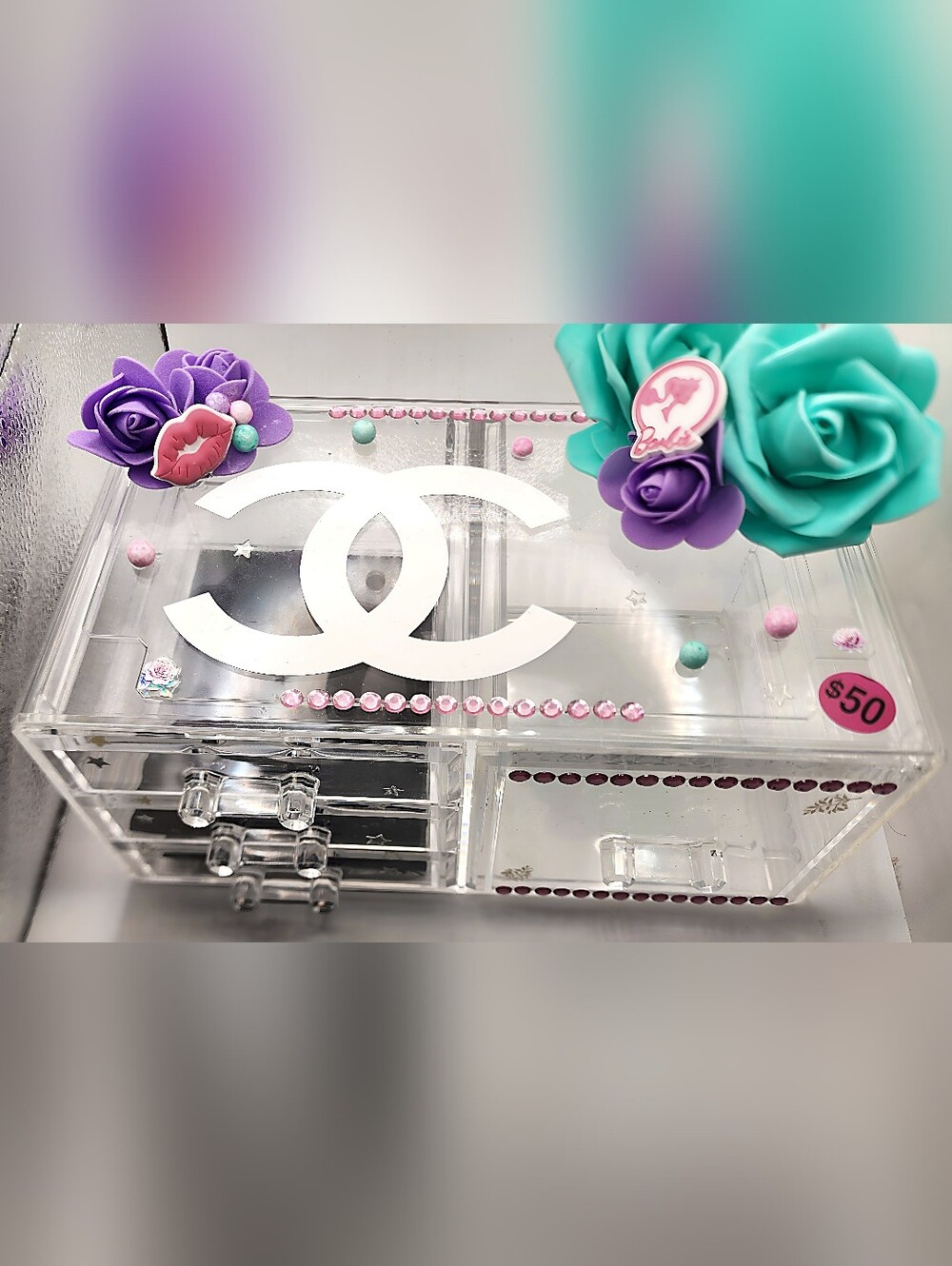 Acrylic Jewelry Box with Pink Gems
